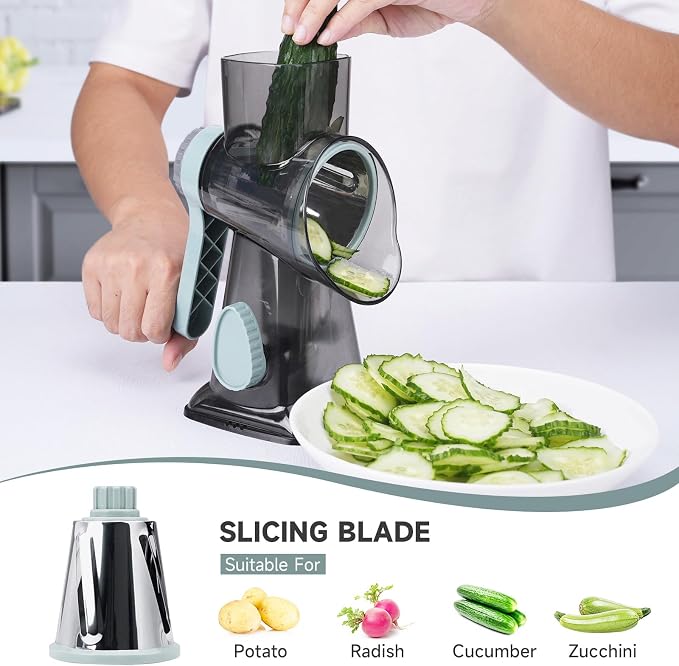 3 in 1 Rotary Cheese Grater Hand Crank with Strong Suction Base | Cheese Shredder with 3 Detachable Blades, Slices, Chops & Shreds Veggies & Nuts, Dishwasher Safe, GreyBlue