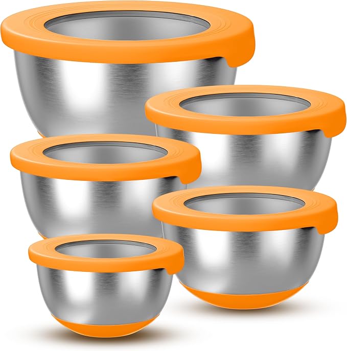 KITEISCAT Stainless Steel Mixing Bowls with Lids – Set of 5 Large Nesting Metal Bowls for Kitchen, Baking, Cooking, Food Prep & Storage, Non-Slip Base, Dishwasher Safe,Orange