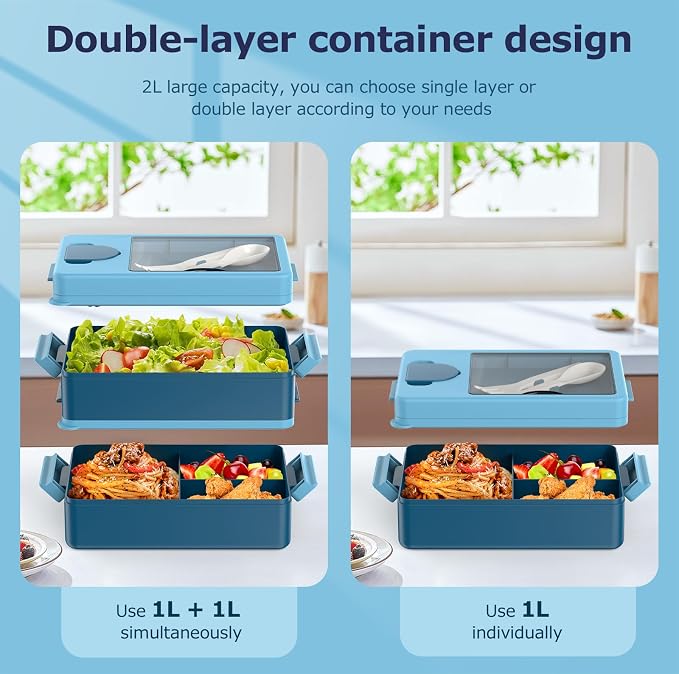 Sitlais Bento Box for Adults, 67oz 2-Layer Stackable Lunch Box with Bag | Leakproof, microwave safe and BPA-free; includes sauce cup and utensils for work, travel, gym and meal prep