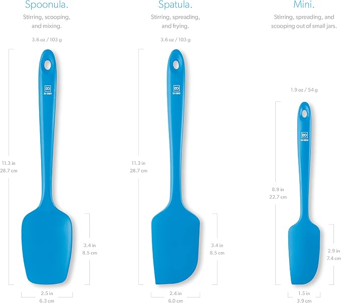 DI ORO Silicone Spatula Set - 600F Heat Resistant, 3-Pc Blue | Rubber scraper won't scratch nonstick pans; For baking, cooking, mixing, and frosting; BPA-free and dishwasher safe