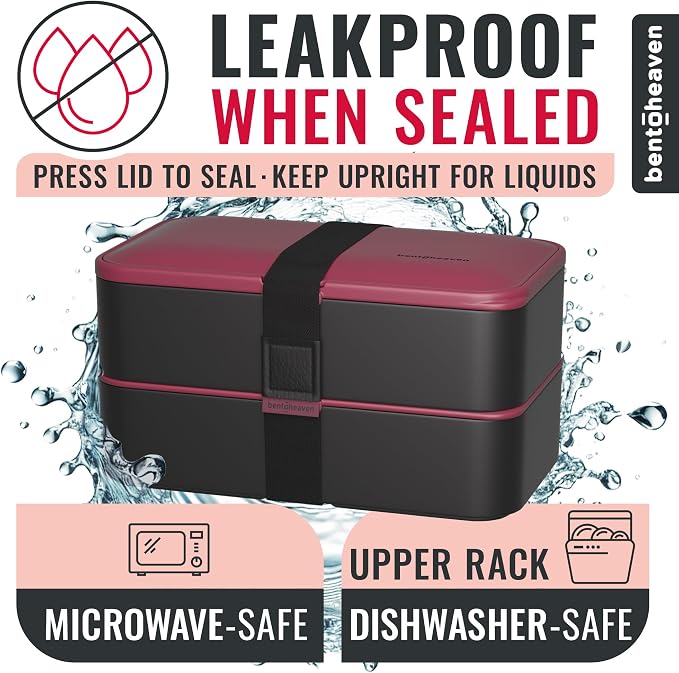 Bentoheaven Bento Box Adult, Stackable Lunch Box, 40 oz, Very Berry | BPA-free, leakproof and microwave-safe with 2 compartments, utensils, chopsticks, divider and sauce cup for men and women.