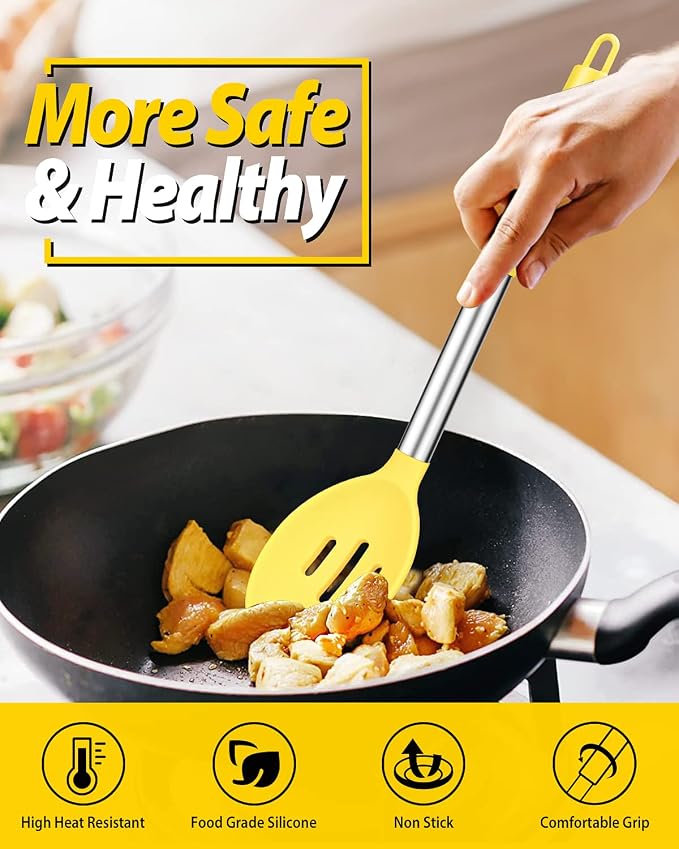 BUNDLEPRO Silicone Cooking Spoons for Non Stick Cookware, 2 Pack, Yellow | Heat Resistant, Large Kitchen Spoons for Mixing, Serving, Draining, Stirring