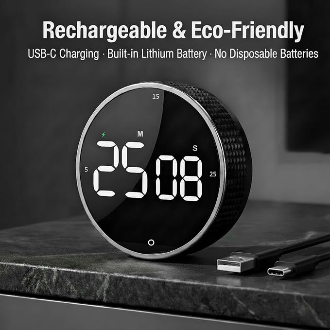 Rechargeable USB-C Digital Kitchen Timer - Magnetic Countdown Countup Visual Pomodoro Timer with Large LED Display, 3-Preset Times, 3 Volume Levels, Ideal for Cooking, Baking and Study