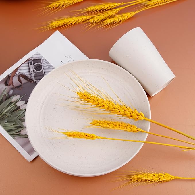 32Pcs Beige Wheat Straw Dinnerware Set Service For 8 Shatterproof | Elegant Cream Wheat Straw Plastic Dinnerware Set Includes Shatterproof Plates And Bowls For Rv Camping And College Dorm Use