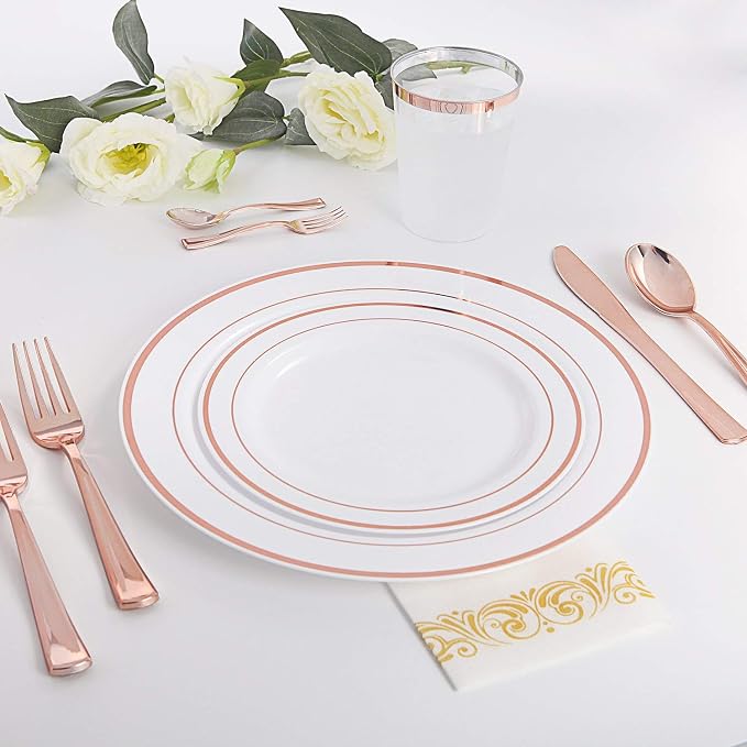 300 Pieces Rose Gold Plastic Silverware- Disposable Flatware Set - Heavy Duty Plastic Cutlery Includes 100 Forks, 100 Spoons, 100 Knives Perfect for Wedding/Party/Birthday