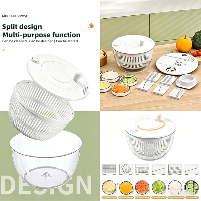 Ceruaxb Salad Spinner Chopper, 5.3 Qt Lettuce Dryer with 5 Blades, White | Vegetable and Fruit Wash Bowl, Kitchen Colander, Egg Yolk Strainer, Slicing and Shredding, Rinsing, Draining and Food Prep