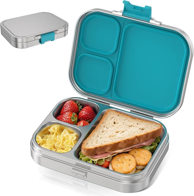 HOMEKOL Stainless Steel Bento Lunch Box 3 Compartments, 3.3 Cups, Blue | for Kids Adults, Leak-Proof Metal Lunch Container for Office School Picnic, BPA-Free, Dishwasher Safe