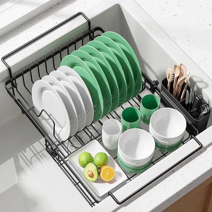 Kitsure Expandable in-Sink or Over-Sink Dish Drying Rack, X-Large, Black | Rust-Resistant Dish Rack for Kitchen Counter, Dish Drainer with Cutlery Holder, 10.82"-17.12" L x 11.02" W x 3.93" H