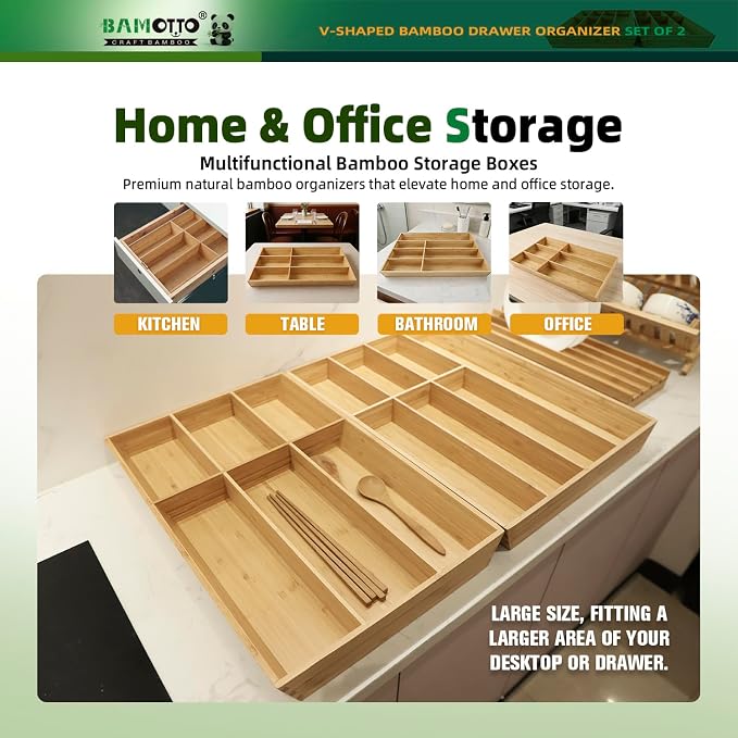 BAMOTTO CRAFTBAMBOO 13 Slot V-Shaped Bamboo Drawer Organizer Set of 2 | Cutlery Tray | Silverware & Flatware Organizer | Utensil | Kitchen & Bathroom | Extra Large 19.6"×14.6" & 19.6"×12.4"