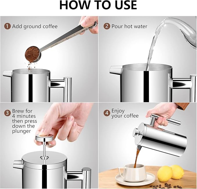 French Press Coffee Maker, 600ml/20oz Silver Stainless Steel Coffee Press, Double-Wall Insulated, Food Grade & Rust-Free, Included 2 Extra Filters, Dishwasher Safe