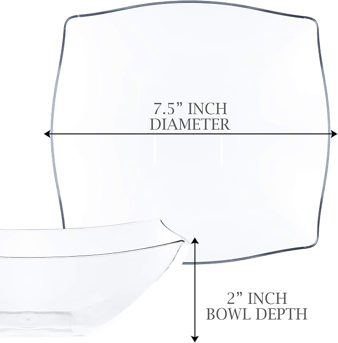 PLASTICPRO Disposable 32 ounce Square Serving Bowls, Party Snack or Salad Bowl, Medium, Plastic Crystal Clear Pack of 4