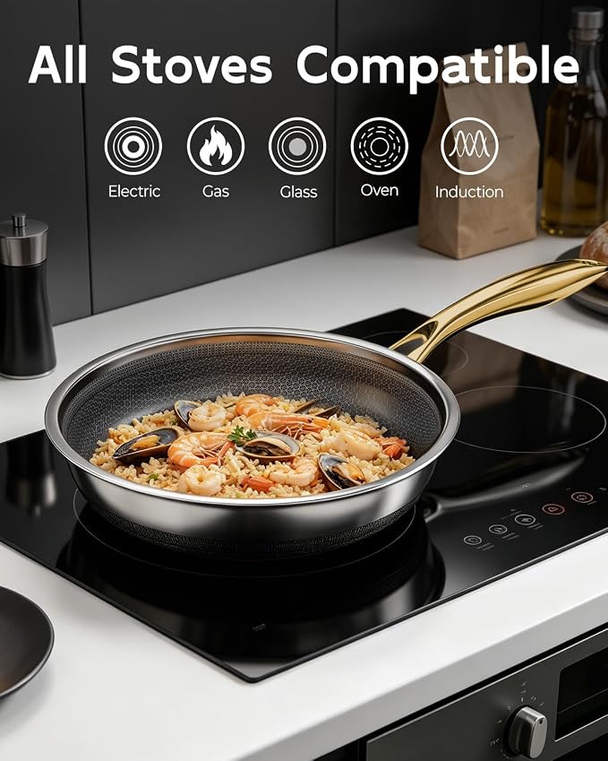 FogDream 10 Inch Stainless Steel Frying Pan with Lid, Honeycomb Hybrid Nonstick Skillet for Induction & All Cooktops, PFAS/PFOA/PTFE Free, Oven Safe to 500°F, Stay-Cool Handle, Dishwasher Safe, Gold