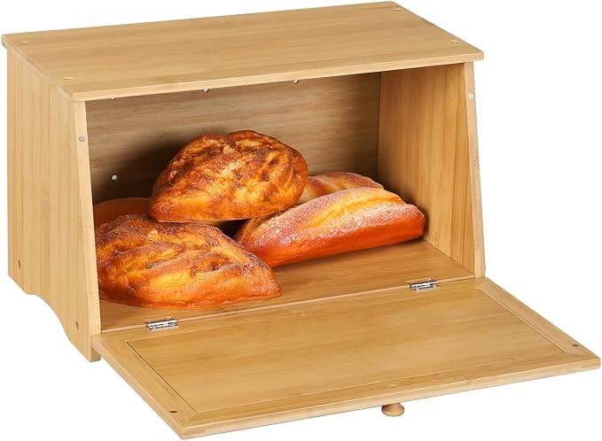 HOMEKOKO Vintage Wooden Bread Box for Kitchen Countertop, Natural Bamboo | Retro Farmhouse Style, Holds 2 Loaves, Breathable Design Keeps Bread Fresh For 3–4 Days, Suitable For Rustic/Vintage Kitchen