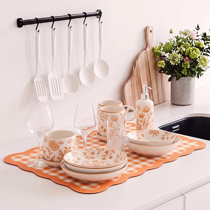 Orange Scalloped Gingham Coffee Mat 12" x 20" Absorbent Bar Mat | Gingham Espresso Matt with Non Slip Rubber Backing for Coffee Countertops