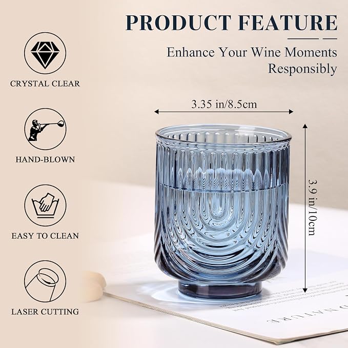 Blue Vintage Drinking Glasses Set of 6-15oz Hand-Blown Highball Ribbed Glassware, Arch Design Cocktail Glasses for Whiskey Water Beverages Ice Coffee Juice Milk