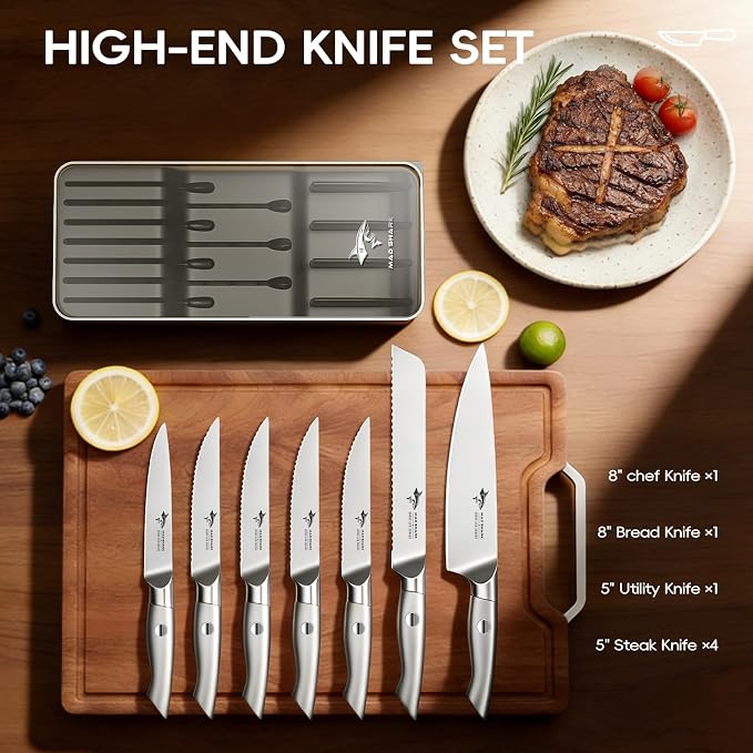 MAD SHARK Knife Set, Kitchen Knife Block Sets 8Pcs | High Carbon Stainless Steel, Ultra Sharp Kitchen Knives Sets, Non-Slip Ergonomic Handle,Includes Drawer Organizer, Gift Box