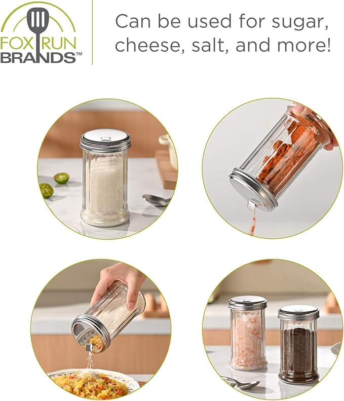 Fox Run Classic Glass Sugar Shaker, 12 Ounce Salt and Sugar Container With Stainless Steel Lid