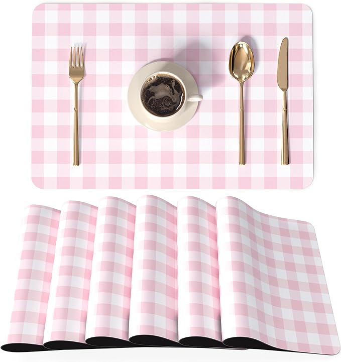 QIYI PU Leather Placemats Set of 6, 12"x18" Waterproof Table Mats, Gingham | Faux Leather, Heat Resistant, Anti Slip, Wipeable Place Mats for Kitchen Dinning, Party Table Décor, Pink Gingham Check