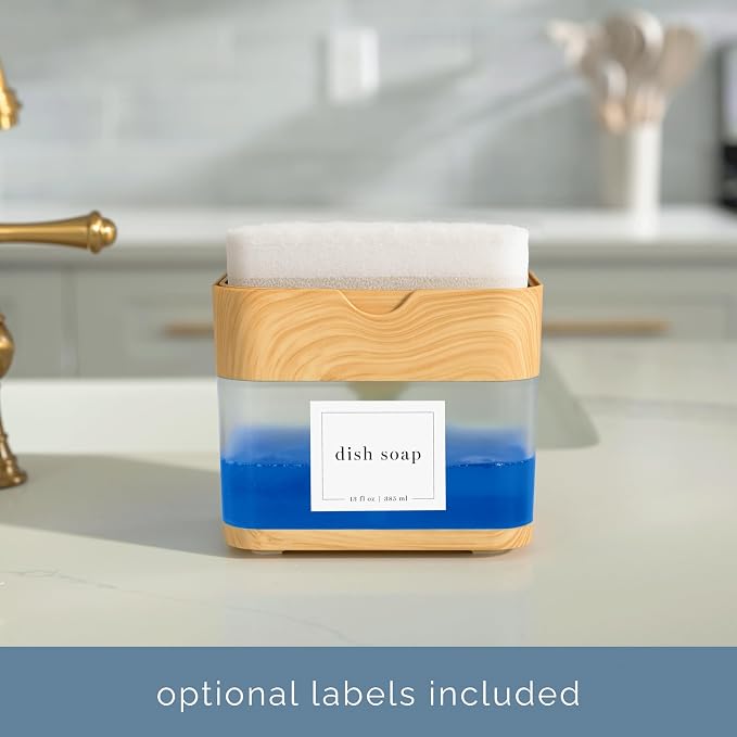S&T INC. Dish Soap Dispenser and Sponge Holder, Plastic Bamboo | Patented Design, Holds 13 Fluid Ounces, Sponge and Waterproof Labels Included, Non-Slip Feet
