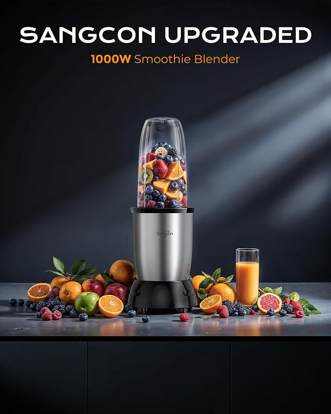 Sangcon 1000W Personal Smoothie Blender, Protein Shakes, Home & Gym, Silver | 37/32/22 oz BPA-Free To-Go Cups with 8-Leaf Blade and Flat 2-Blade Grinder: Ice, Sauces, Coffee, Nuts, Grains, Seeds, Spices