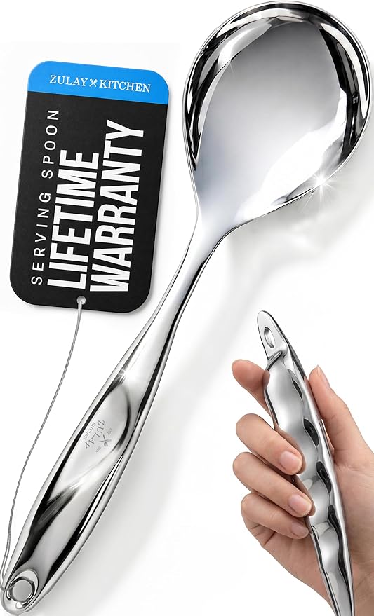 Zulay Kitchen Stainless Steel Serving Spoon - 11.5” Large Cooking & Serving Spoon with Ergonomic Handle - Durable, Rust-Resistant & Dishwasher Safe Kitchen Utensil for Cooking and Buffets | 11.5” Large Cooking & Serving Spoon with Ergonomic Handle - Du...