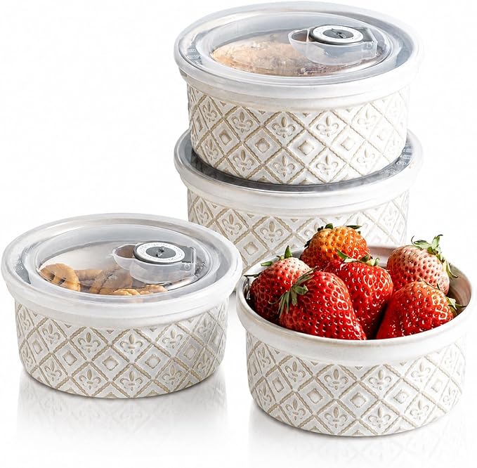 28 Oz Cereal Bowls Set with Lids, Ceramic Salad Bowls for Kitchen, Preparing, Camping, Office Lunch, 6 Inch Kitchen Food Storage Containers with Airtight Lids set of 4, Housewarming Present, Beige