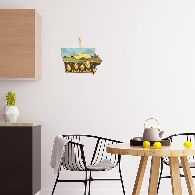 Totally Bamboo Iowa State Shaped Cutting Board, Summer Stokes Art | State charcuterie board with colorful hand-drawn landscape art. Smooth reverse side for food prep. Hang tie for wall display.