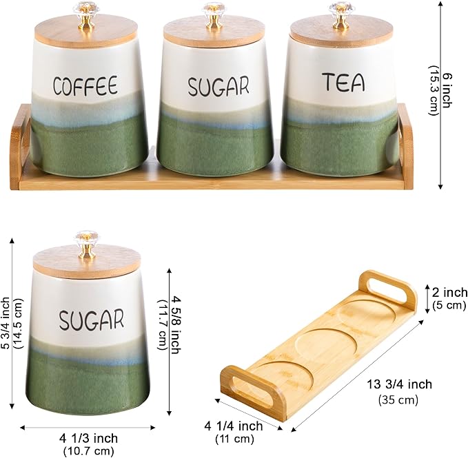 Kimdio Ceramic Canisters Set with Airtight Lids, 22 oz Coffee Canisters Sets for the Kitchen, Large Jars for Flour, Sugar, Pasta, Coffee, Cookies, Tea - Set of 3 - Green and White