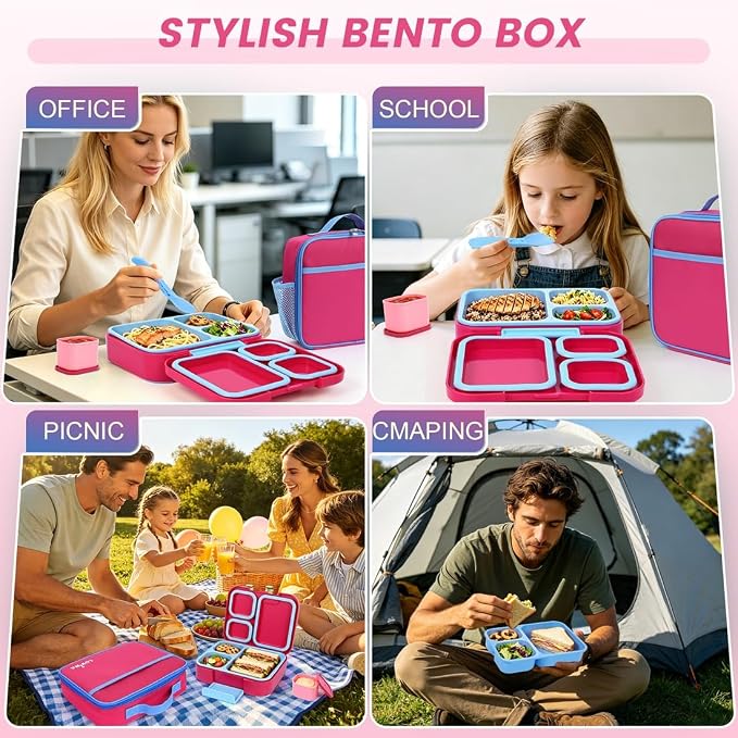 Bento Lunch Box Set For Kids Adult With Thermo Bag, Leak-Proof, BPA-Free | 36OZ Lunch Box Kids Kit, All-in-One Set With DIY Stickers Sauce Cup for Work, School, Camping(Hot Pink)