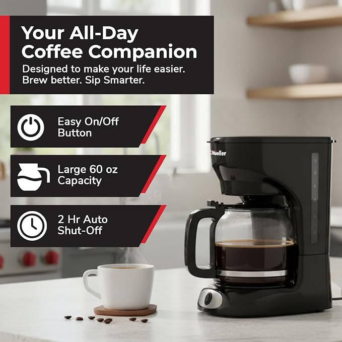 Mueller 12-Cup Drip Coffee Maker | Borosilicate Carafe, Auto-Off, Reusable Filter, Anti-Drip, Keep-Warm Function