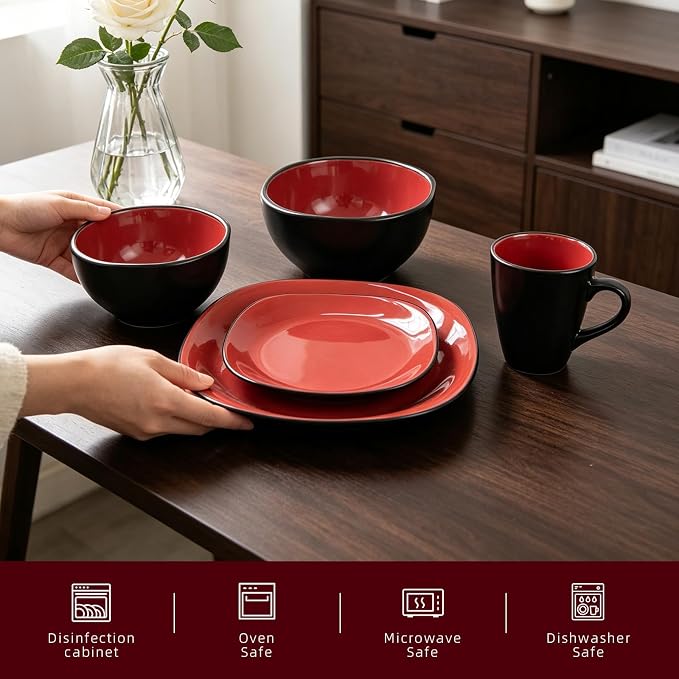 Stoneware Square 16pc Dinnerware Set, Inside Shiny Red + Outside Matte Black