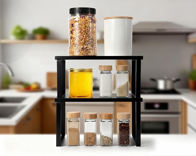 Marsui 4 Pcs Kitchen Organizer Accessories Set for Cabinet,Black | Cabinet Organizer Shelves, Bamboo Dish Drying Plate Rack, Wooden Counter Storage Holder, for Spice Dish Pot Lid Bowl Cup