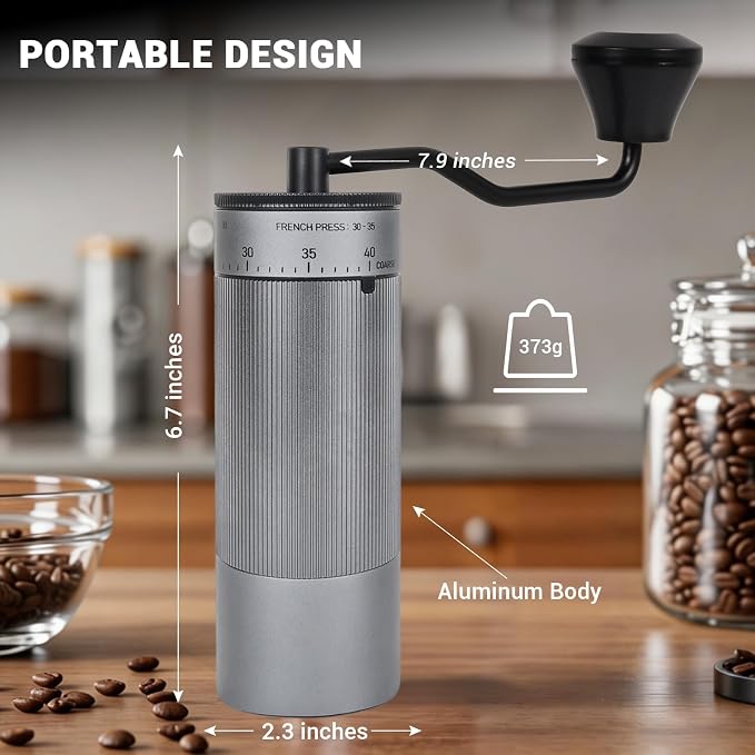 CEVING Mini Manual Coffee Grinder With 40 Adjustable Settings, Silver | Portable Hand Coffee Bean Mill with Stainless Steel Burrs, 30g Capacity, Ideal for Travel, Camping, French Press, Pour Over