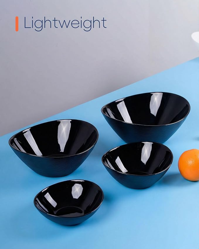 Oval Serving Bowls Set of 4, 15/20/43/66 OZ Black Opal Glass | Lightweight nesting bowls with microwave & dishwasher safe design, ideal for mixing, salad, fruit, pasta, dessert, meal prep