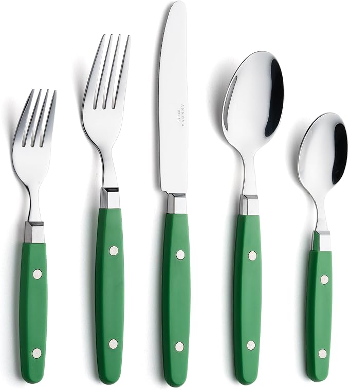 ANNOVA Silverware Set, Retro/Rivet Colorful Stainless Steel Tableware Kitchen Flatware Set Utensils, Includes Dinner Knives, Forks, Spoons, Salad Forks & Dessert Spoons (Green New, 20 Pieces)