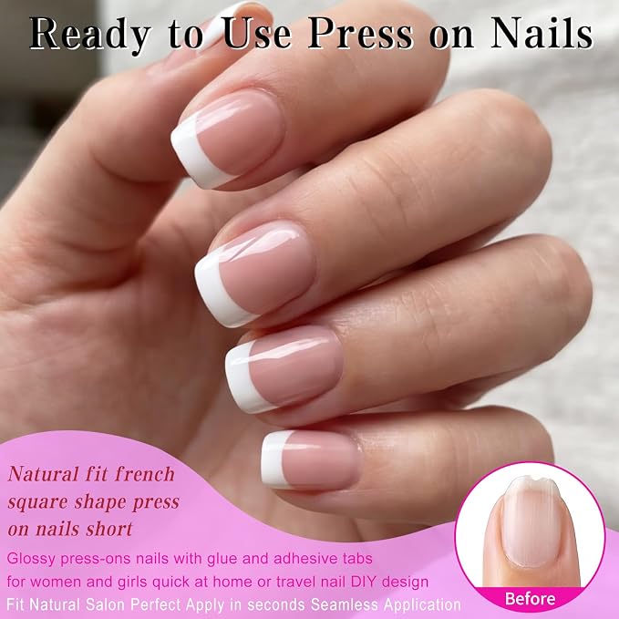 240pc White French Tip Press on Nails Short Square Acrylic Nail, Coffee Press ons Fake Nails with Glue & Tabs, 12 Sizes Glue on Nail Short Press-on Nail Square Artificial Stick on Nails for Women