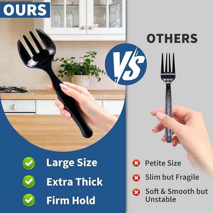 36 Pcs 9 Inch Plastic Serving Utensils Set, for Large Party | 12 Black Spoons + 12 Forks + 12 Tongs, Heavy Duty Disposable Tableware, for Buffet, Catering, Salad, Pasta and Soup