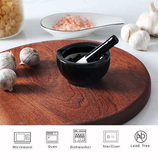 Mortar and Pestle Set (3.2 Inch-Black) | Ceramic stoneware, sturdy, multi-purpose, spice/herb/pill, easy-clean, non-slip, comfy, dishwasher-safe, compact, elegant