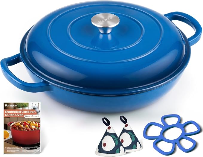 Cast Iron Dutch Oven–3 Layers Enameled Shallow Braiser & Casserole Pot with Lid, Even-Heating, Stovetop & Oven Safe to 500°F, 3.8 Quart for Family & Parties Meals(Blue)