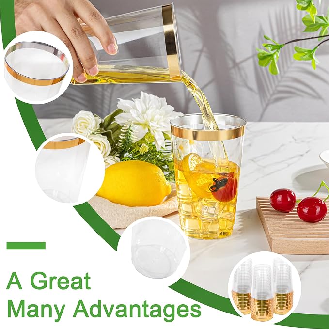 I00000 50 Pack 18 oz Gold Plastic Cups, Elegant Gold Rimmed Plastic Cups, Disposable Cocktail Glasses Wine Glasses, 18 oz Premium Tumblers Perfect for Birthday, Party & Wedding