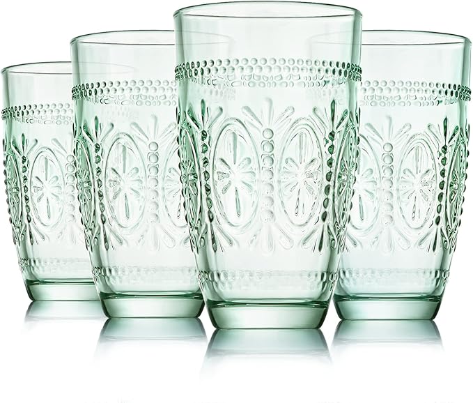 Colored Vintage Drinking Glasses Set of 4, 15.5 oz Romantic Embossed Water Glasses, Colored Tumblers Tempered Glass for Juice, Beverages, Beer, Cocktail (Green)
