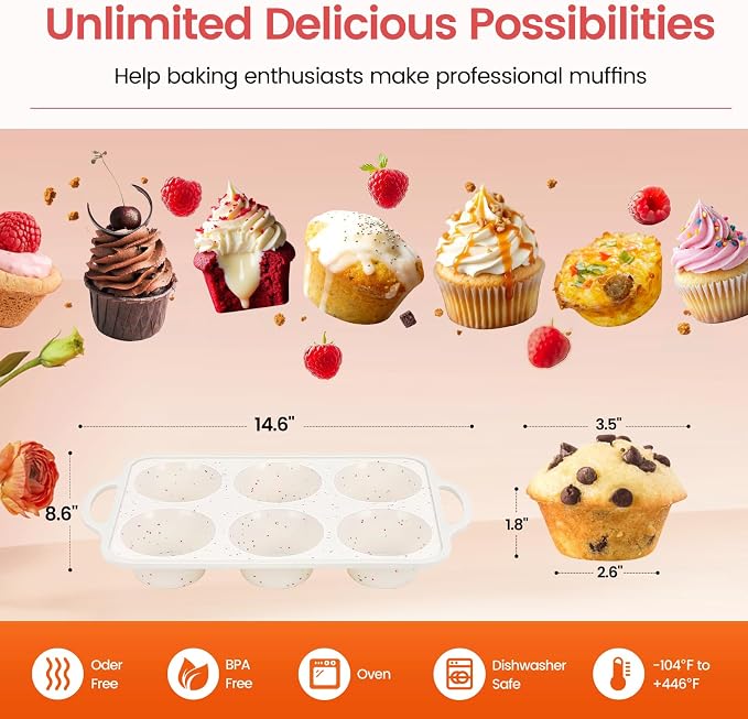 Silicone Jumbo Muffin Pan for Baking with Metal Reinforced Frame, 6 Cup Nonstick Extra Large Muffin Tin, BPA Free Cupcake Pan and Dishwasher Safe Big Muffin Pan