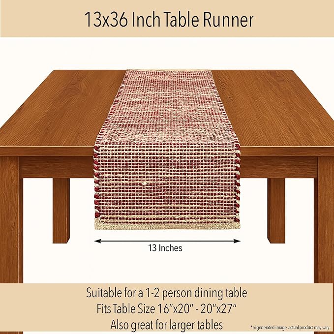 Natural Jute Table Runner 13x36 Inch – Vintage Boho Rustic Table Decor – Handwoven Table Runner in Natural Jute and Red – Farmhouse Dining or Console Table Accent
