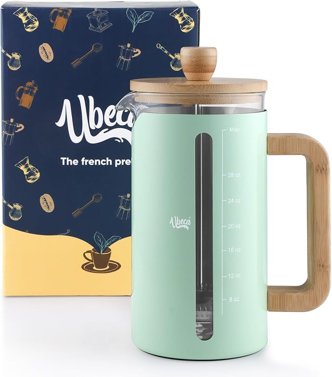 French Press 34 oz Coffee Maker | Mint Green | Thick Borosilicate Glass | Bamboo Handle 2-Layer | Stainless Filter and cover | Easy Clean Eco-Friendly Gift ready Set