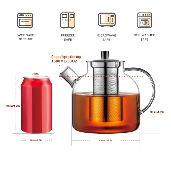 1500ml(50oz) Glass Teapot with Removable Infuser, Ehugos Stovetop Safe Large Tea Pot, Blooming and Loose Leaf Hand Crafted Kettle for Women and Adult with Stainless Infuser