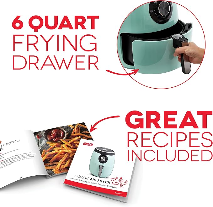 Dash Deluxe Air Fryer - Adjustable Temperature Control & Auto Shut-Off Feature - AirCrisp® Technology - Spacious Nonstick Basket - 1700 Watt - 6 Quarts - Aqua