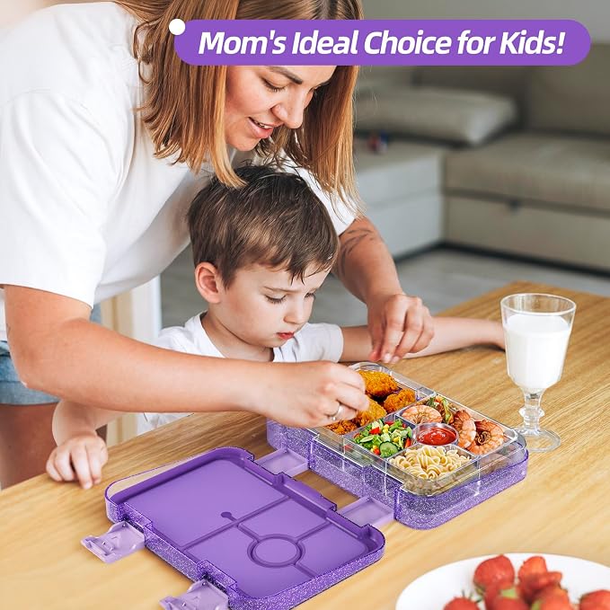 Bento Lunch Box for Kids, 5/6 Compartments, Shiny Purple and Clear | Dishwasher Safe Back to School Snack Bento Lunch Containers Boxes, Ideal Portion Sizes for On-the-Go Meal, Ages 3+, School