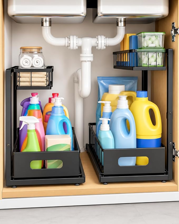 Under Sink Organizer, 2 Tier Adjustable Cabinet Organizer with Slide-Out Drawer, Heavy Duty Metal Storage Rack for Kitchen, Bathroom & Laudry room.
