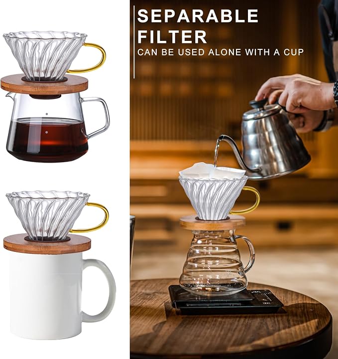 Gute Glass Pour Over Coffee Dripper 1-4 Cups with Bamboo Stand & Handle | Spiral Inner Design,Heatproof Glass,No Plastic Contact,Detachable for Easy Clean,Fits Most Mugs & Carafes,Home Office