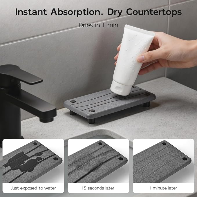 Water Absorbing Stone Sink Tray, 8" Diatomite Tray for Kitchen Bathroom Vanity, Fast Drying Stone Drying Caddy for Soap Dispenser, Sponge Holder with Wavy Groove Design